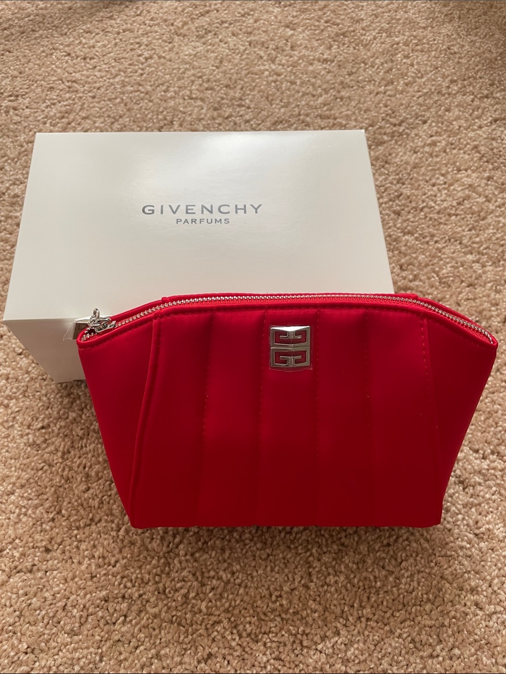 Authentic Givenchy Red Quilted Cosmetic Case with Silver Logo